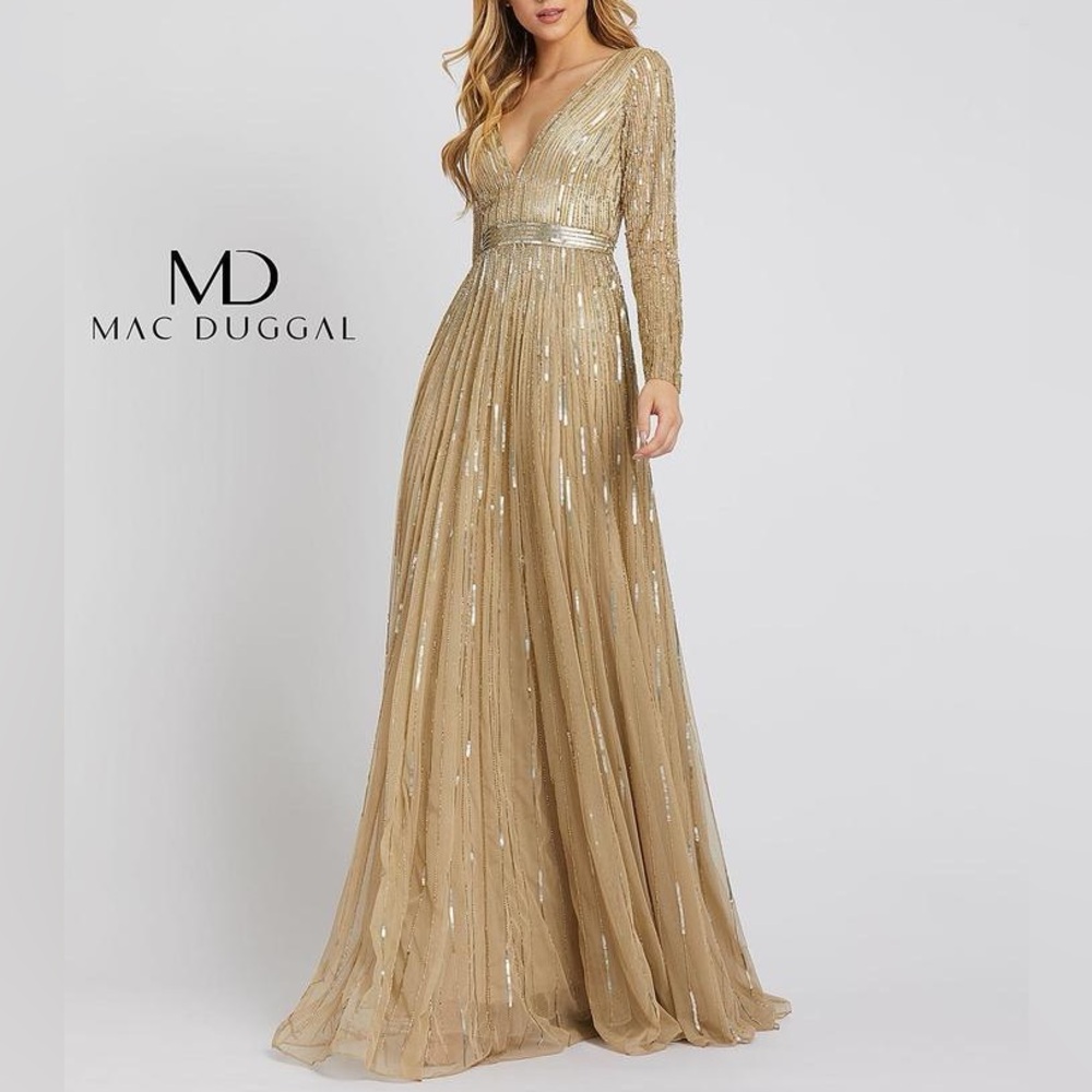 NWT Mac Duggal Taupe Tulle Sequins Evening Dress Gown size 4